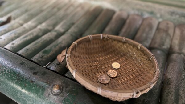 Money placed in a bamboo basket for the washing ritual at Zeniarai Benzaiten Shrine
