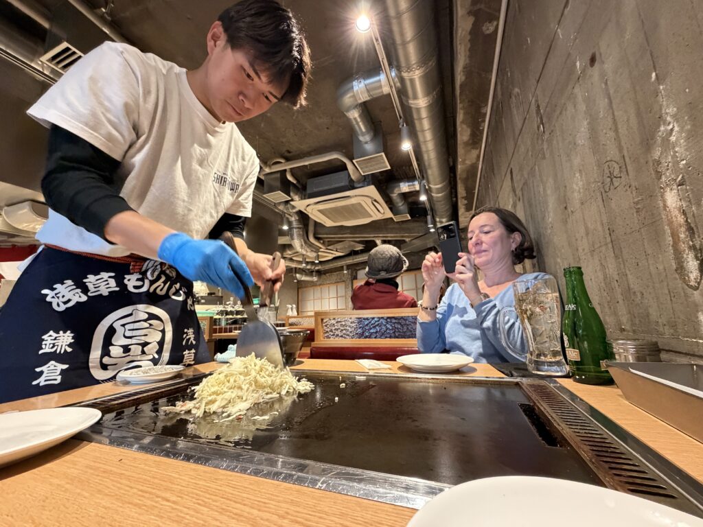 Monja cooked on a hotplate at a Kamakura restaurant