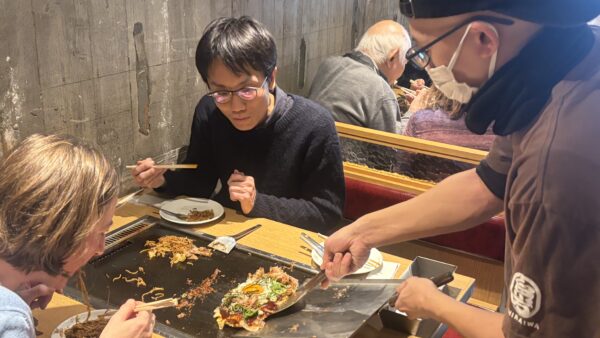 Monja and yakisoba cooked on a hotplate at a Kamakura restaurant