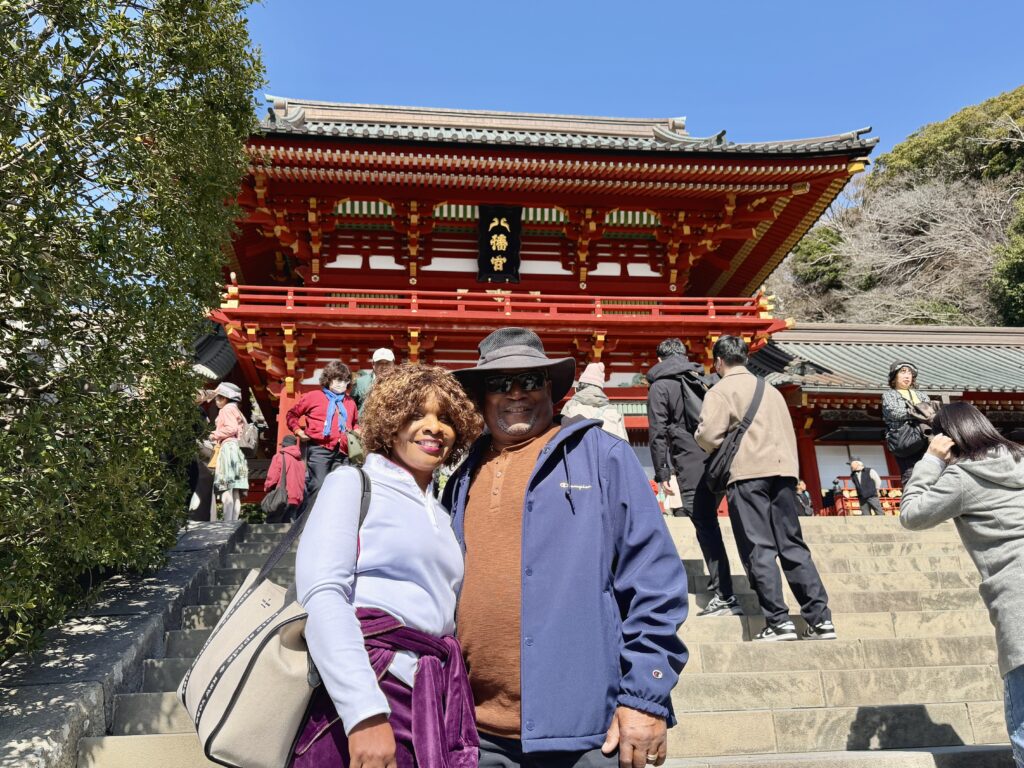 Guests walking up the steps of Tsurugaoka Hachimangu Shrine in Kamakura