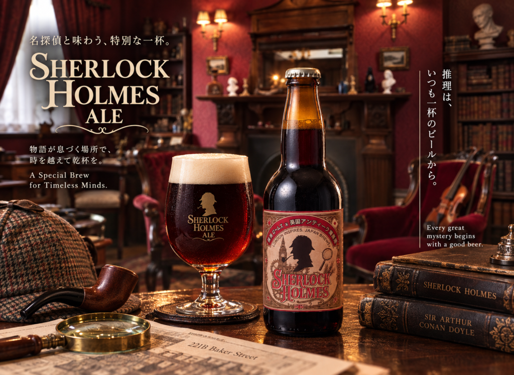 Sherlock Holmes Ale by Kamakura Beer displayed with a glass of Brown Ale in a Victorian-style setting