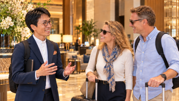 Private Kamakura tour guide welcoming international guests at their Tokyo hotel lobby