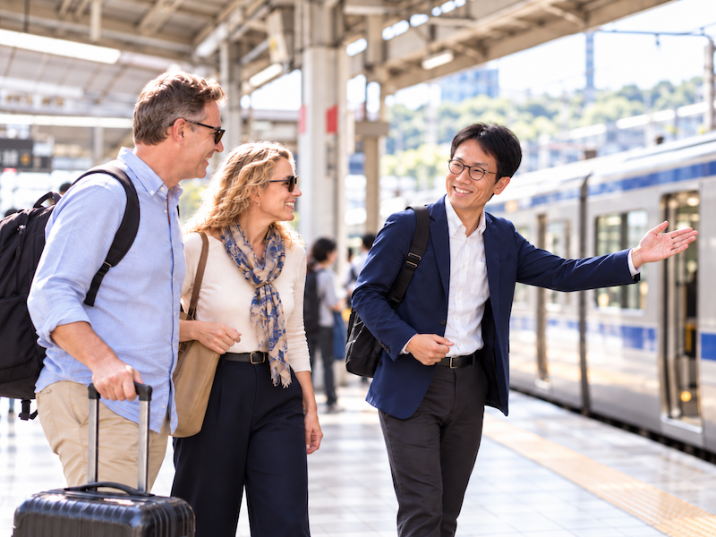 Kamakura private guide helping guests navigate a train station on the way to Kamakura